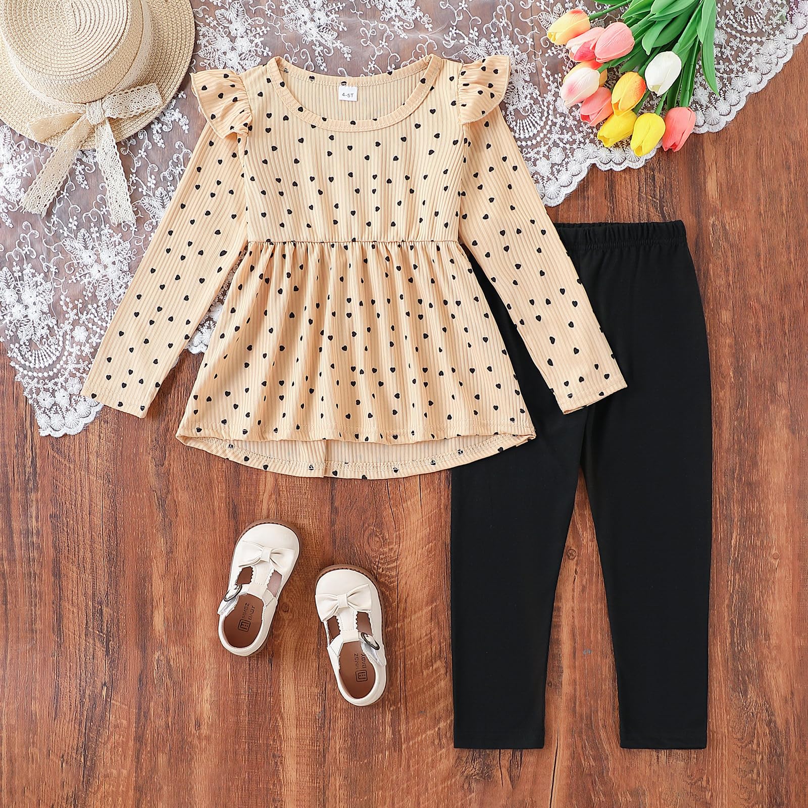 Toddler Girl Clothes Ruffle Long Sleeve Heart Print Tops and Pants 2PC Little Girl Winter Outfits Size (4-7T)