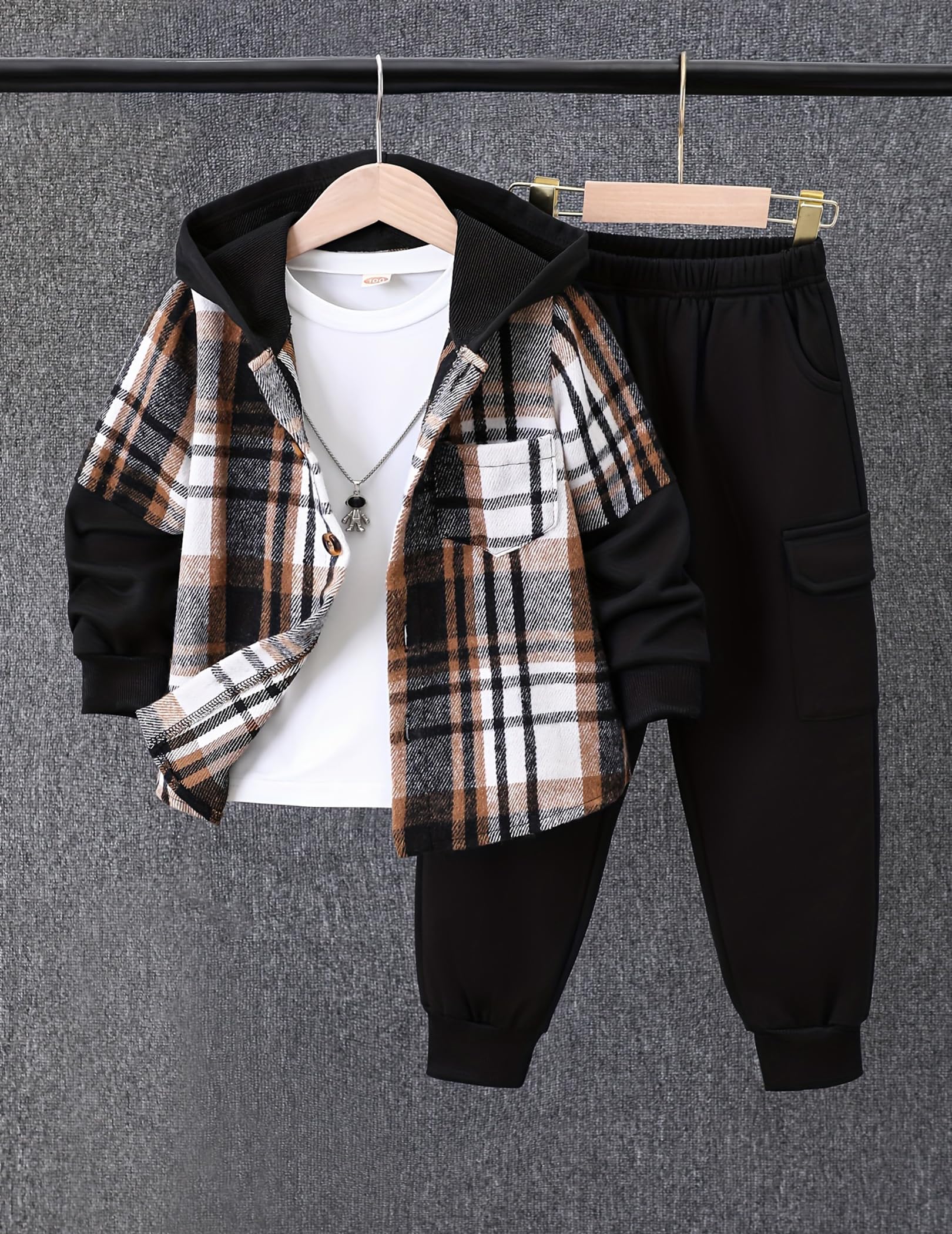 2Pcs Kids Boys Flannel Plaid Shirt Tops Pants Set Hoodie Sweatsuit for Fall Winter Spring Outfits 4-12 Years