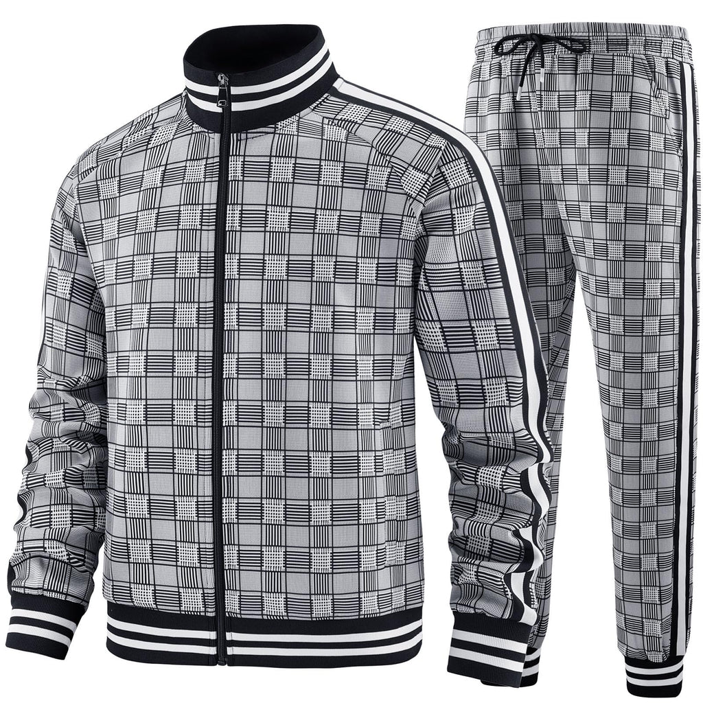 Men Tracksuits Full-zip Long Sleeve Plaid Track Jackets and Pants 2 Piece