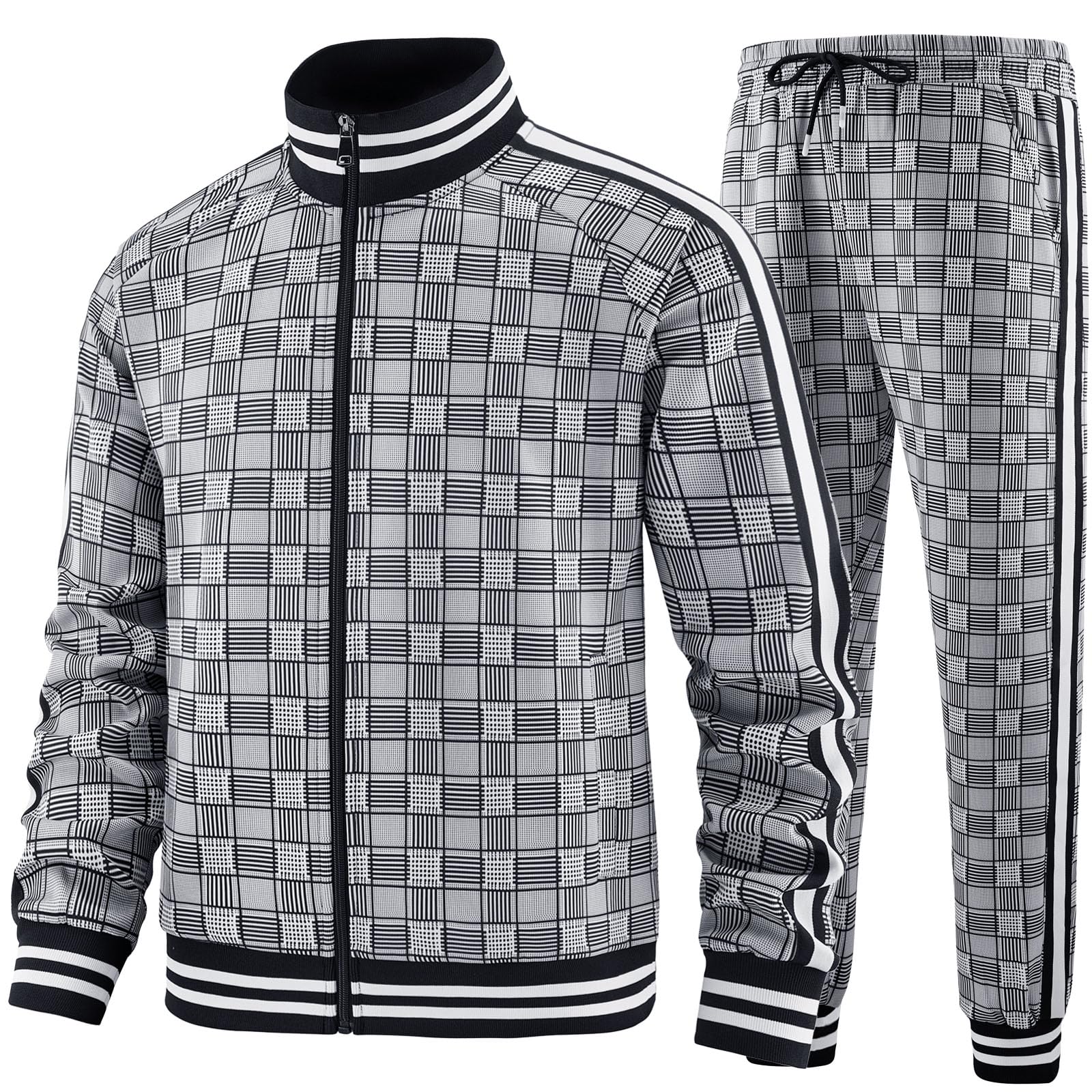 Men Tracksuits Full-zip Long Sleeve Plaid Track Jackets and Pants 2 Piece