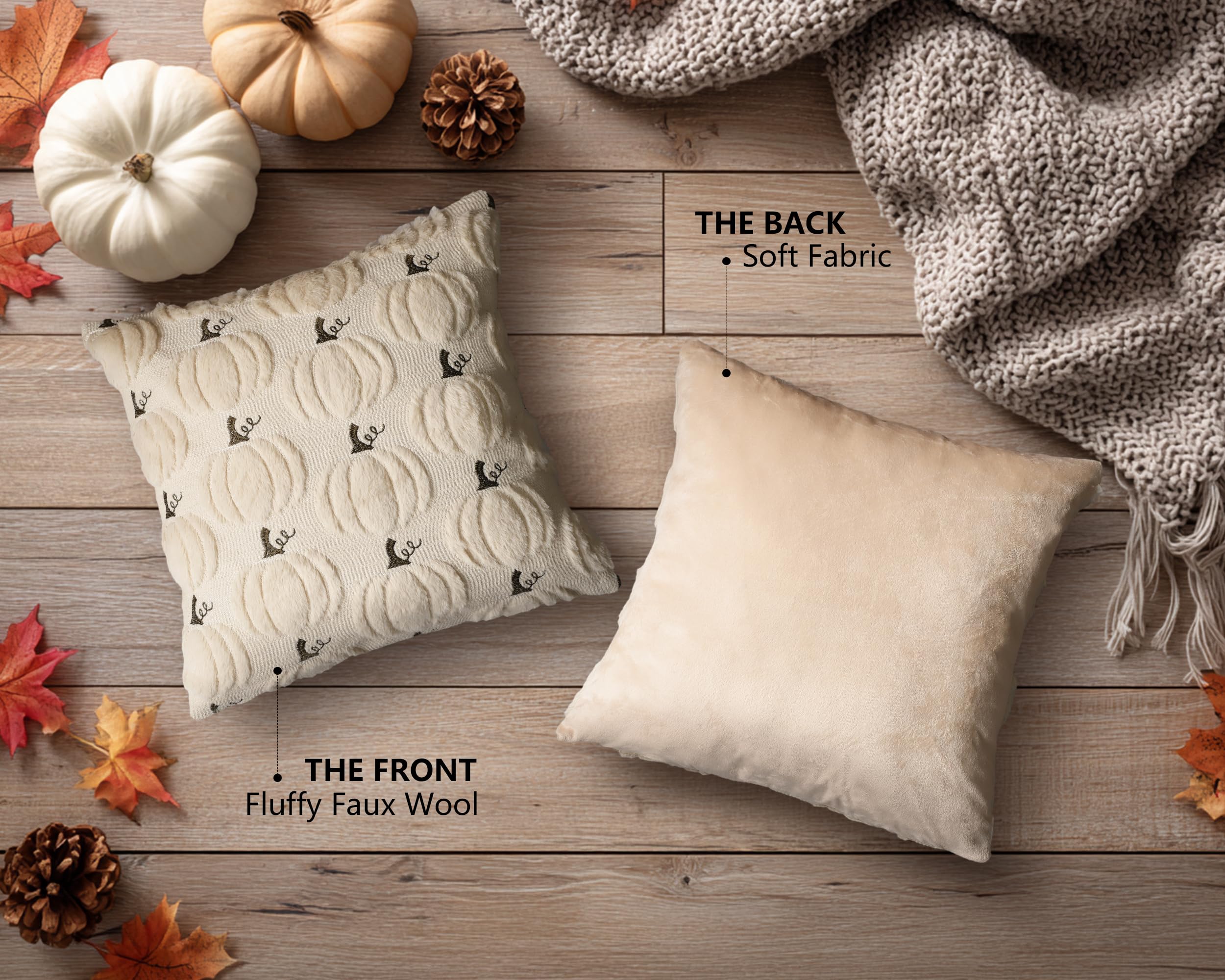 4TH Emotion Fall Pumpkins Decorative Pillow Covers 18x18 Set of 2, Beige Soft Plush Faux Fur Wool Farmhouse Throw Cushion Cases for Autumn Thanksgiving Holiday Home Decorations