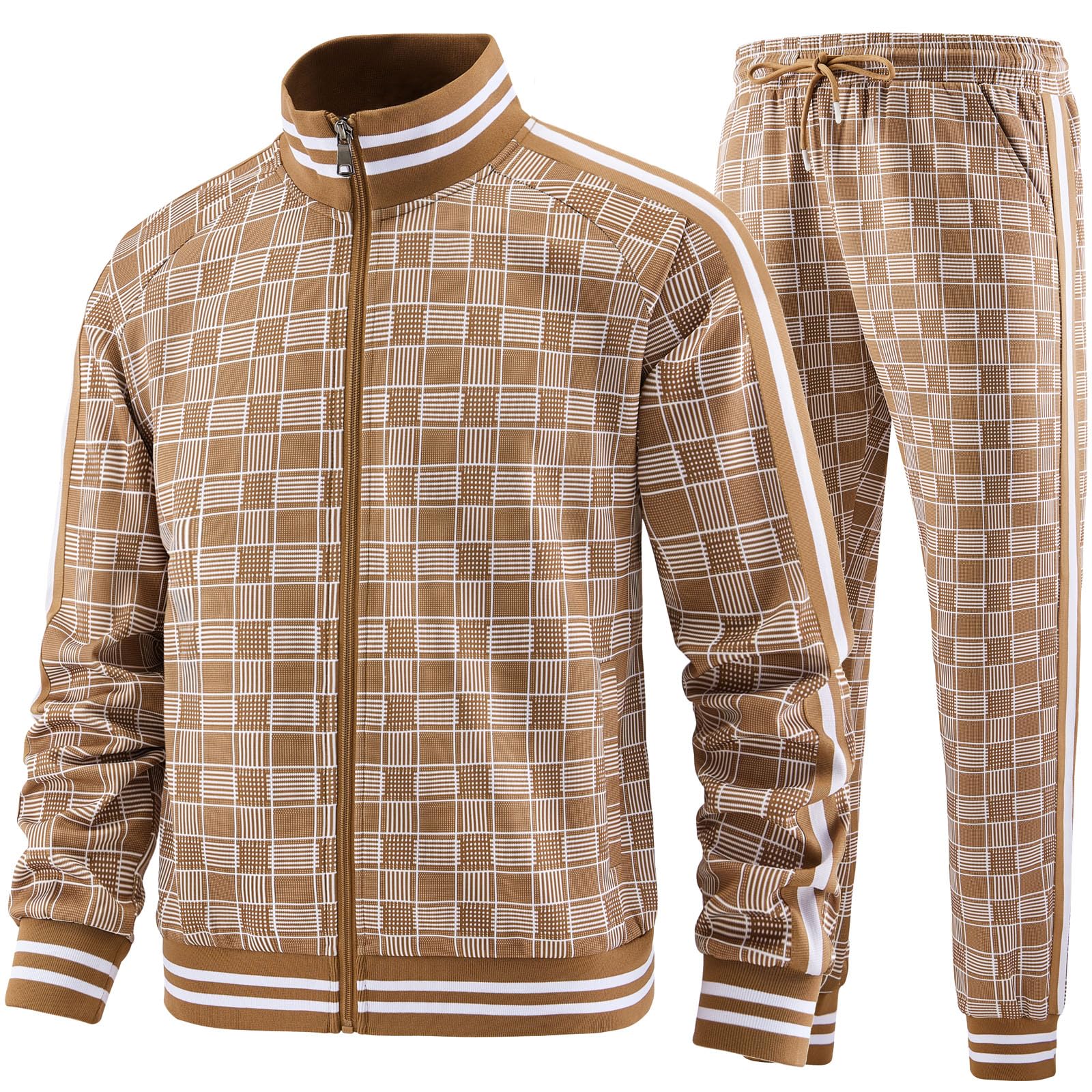Men Tracksuits Full-zip Long Sleeve Plaid Track Jackets and Pants 2 Piece
