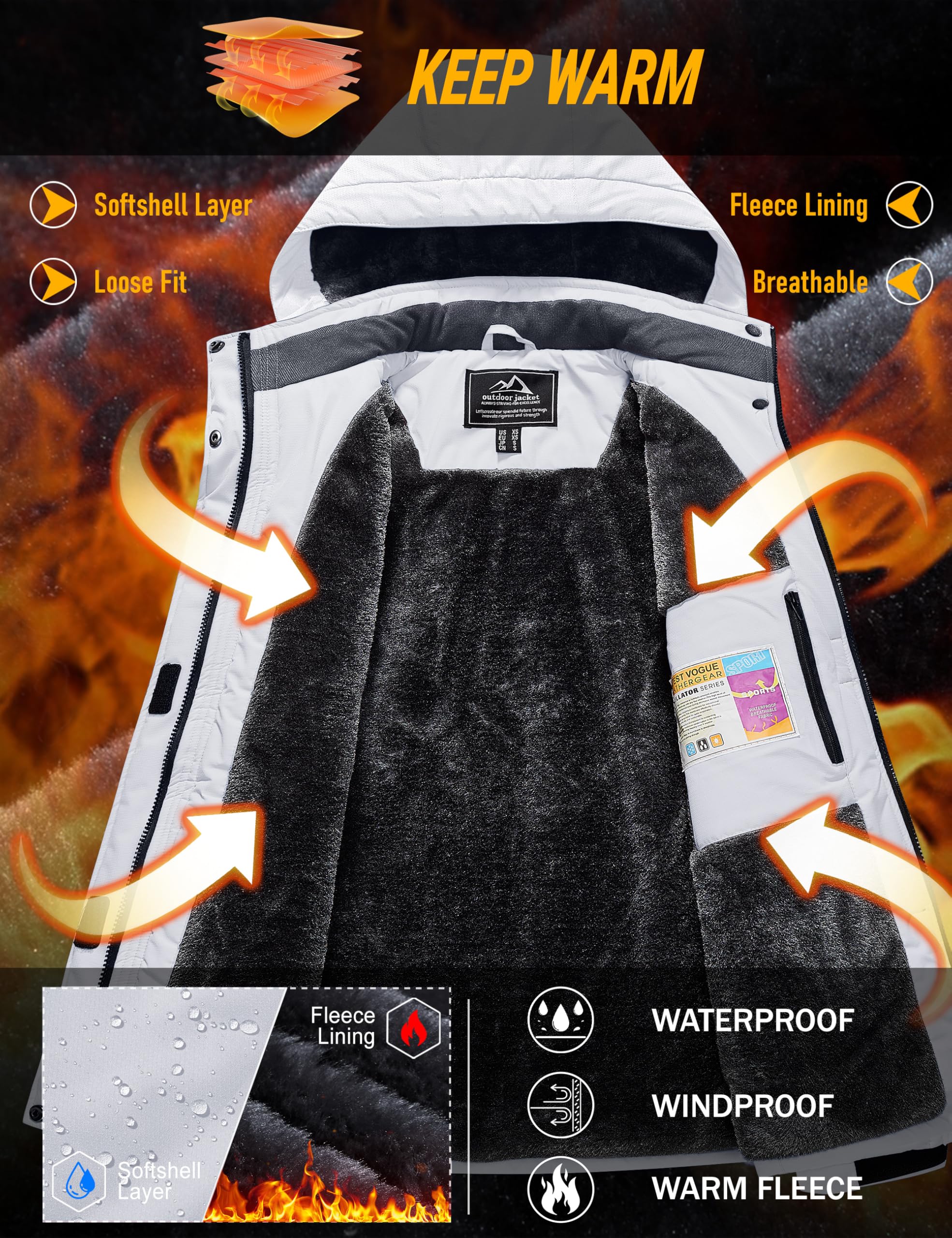 MAGCOMSEN Womens Ski Jacket Waterproof Insulated Snow Jacket Warm Windproof Winter Coats with Hood Fleece Lined Jacket