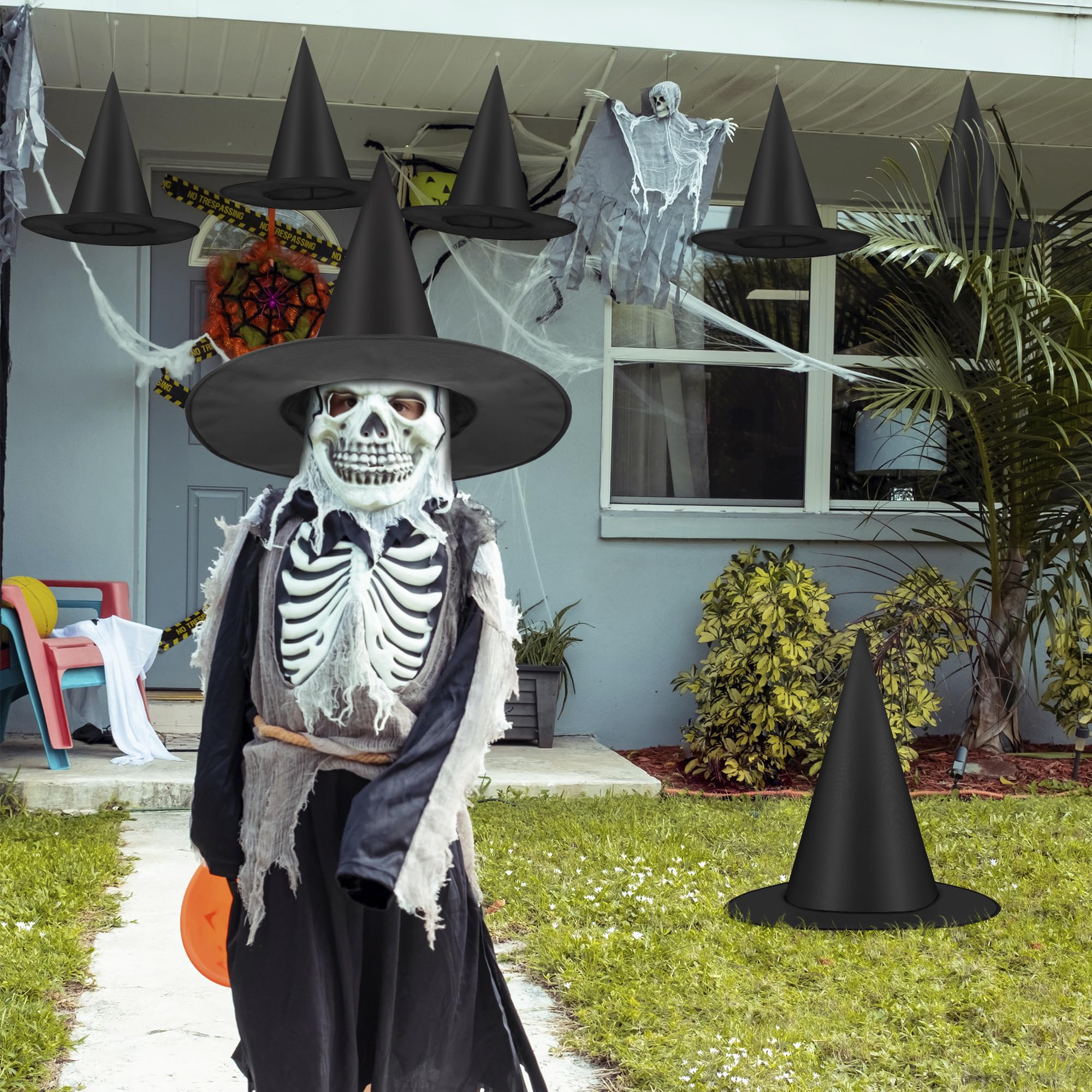 12 PCS Halloween Witch Hats, Black Hanging Witch Hat, Witch Costume Accessories Witches Hat with 328 FT Nylon Cord Wizard Hats Indoor Outdoor Halloween Decorations for Home Yard Porch Ceiling