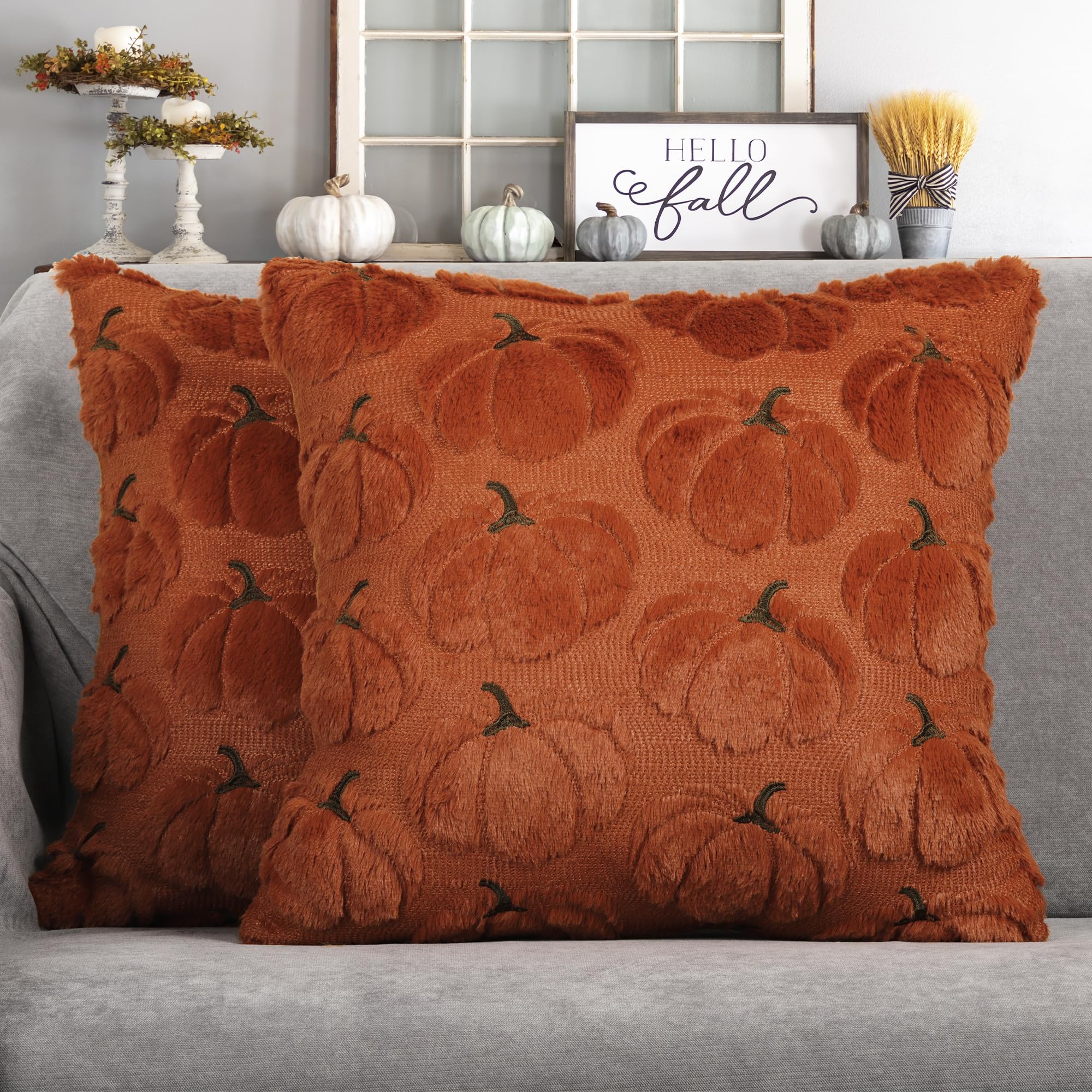 4TH Emotion Fall Pumpkins Decorative Pillow Covers 18x18 Set of 2, Beige Soft Plush Faux Fur Wool Farmhouse Throw Cushion Cases for Autumn Thanksgiving Holiday Home Decorations