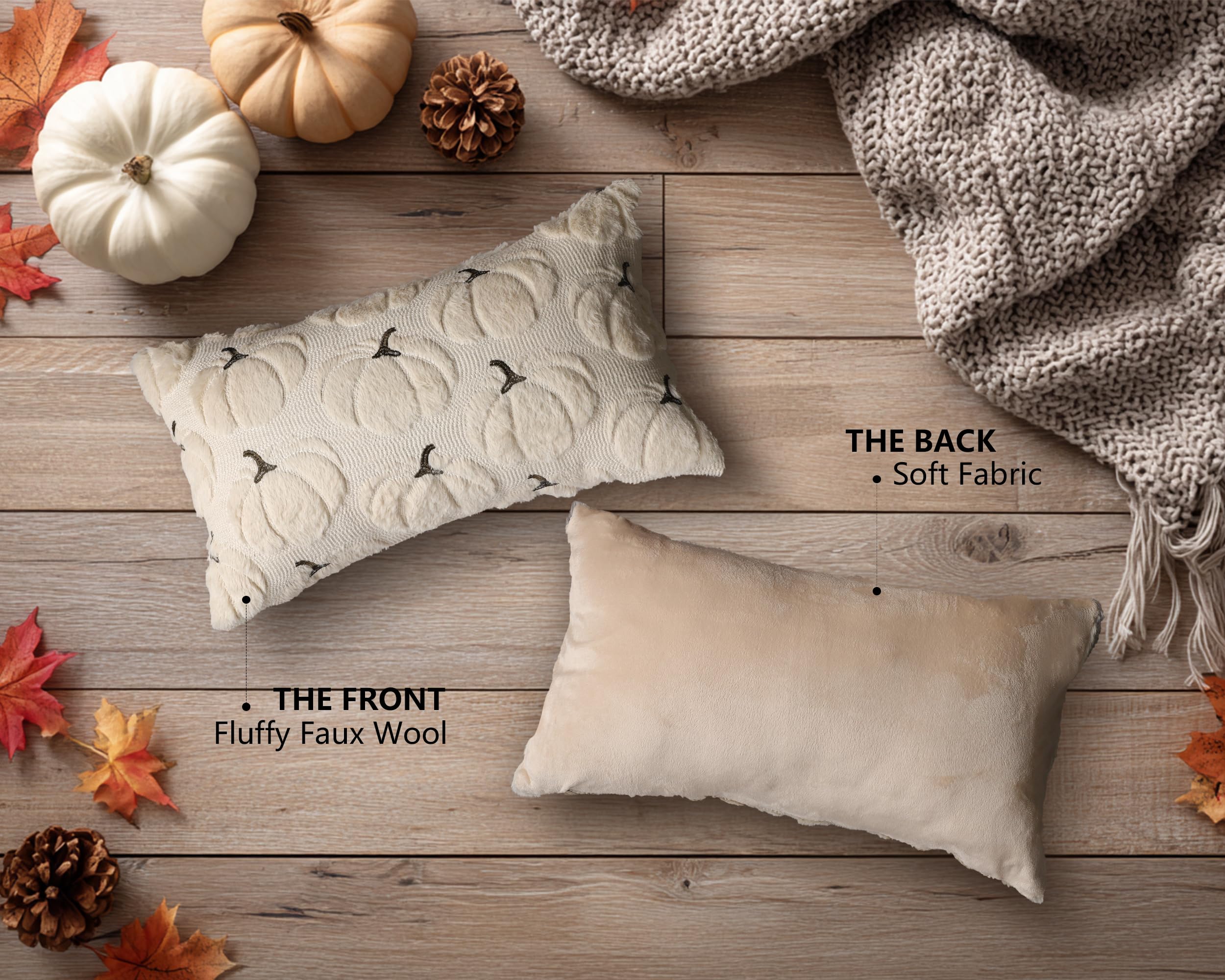 4TH Emotion Fall Pumpkins Decorative Pillow Covers 18x18 Set of 2, Beige Soft Plush Faux Fur Wool Farmhouse Throw Cushion Cases for Autumn Thanksgiving Holiday Home Decorations