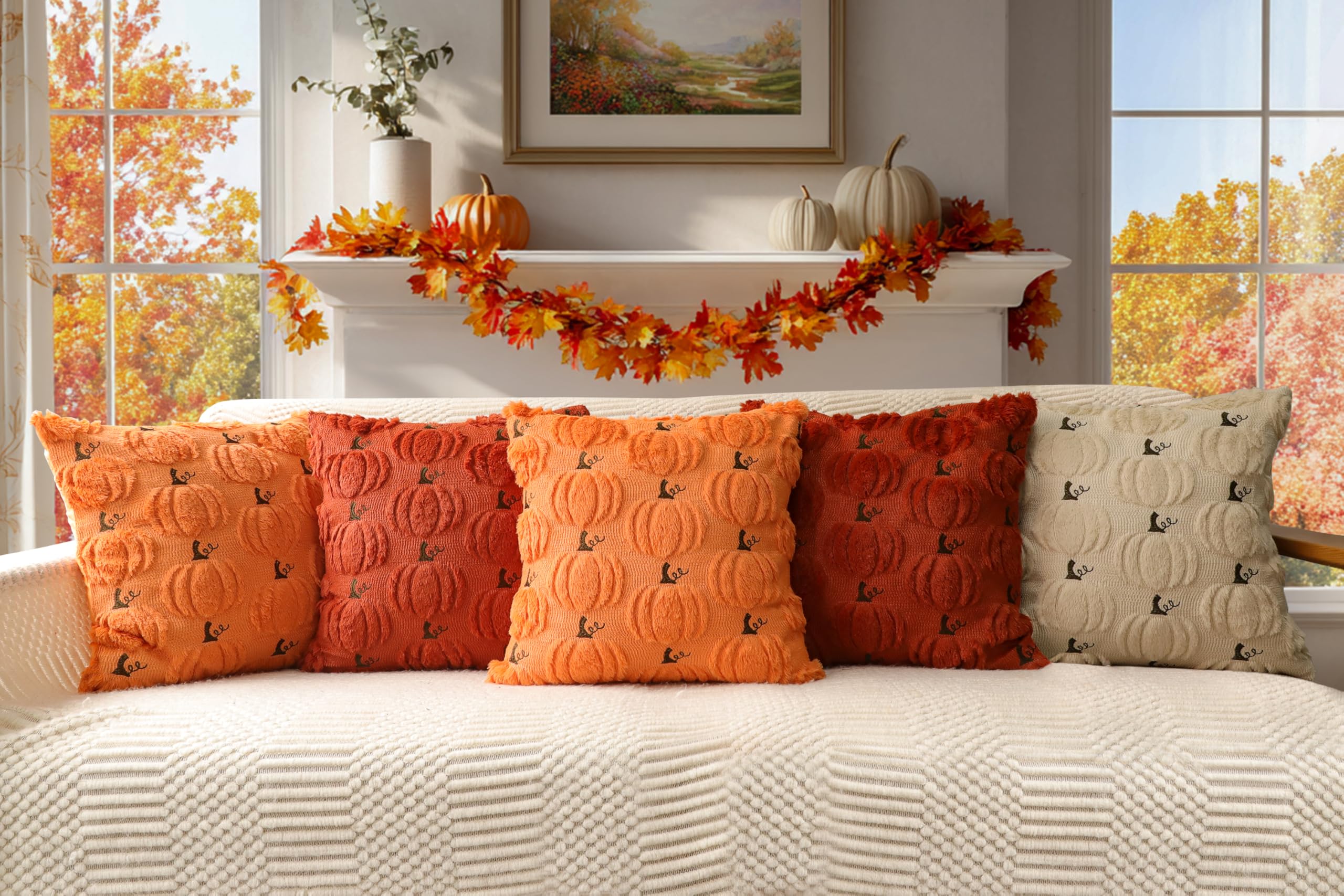 4TH Emotion Fall Pumpkins Decorative Pillow Covers 18x18 Set of 2, Beige Soft Plush Faux Fur Wool Farmhouse Throw Cushion Cases for Autumn Thanksgiving Holiday Home Decorations