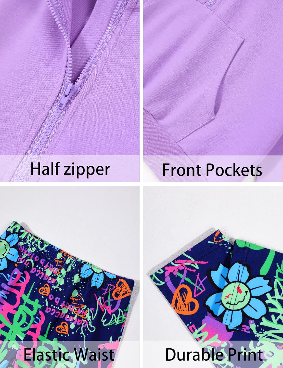 Girls Clothes Half Zip Sweatshirt Top and Full Print Tight Pants 2Pcs Outfit Set Kids 10-12