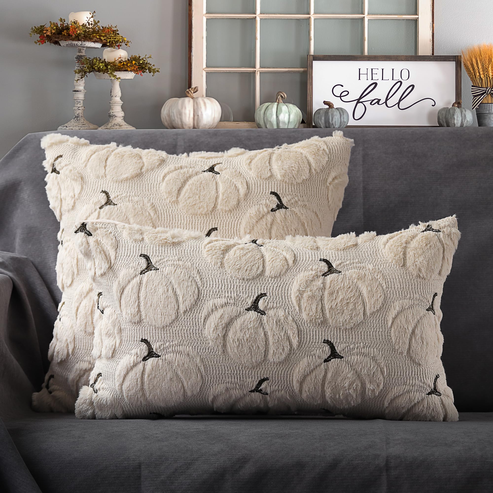 4TH Emotion Fall Pumpkins Decorative Pillow Covers 18x18 Set of 2, Beige Soft Plush Faux Fur Wool Farmhouse Throw Cushion Cases for Autumn Thanksgiving Holiday Home Decorations