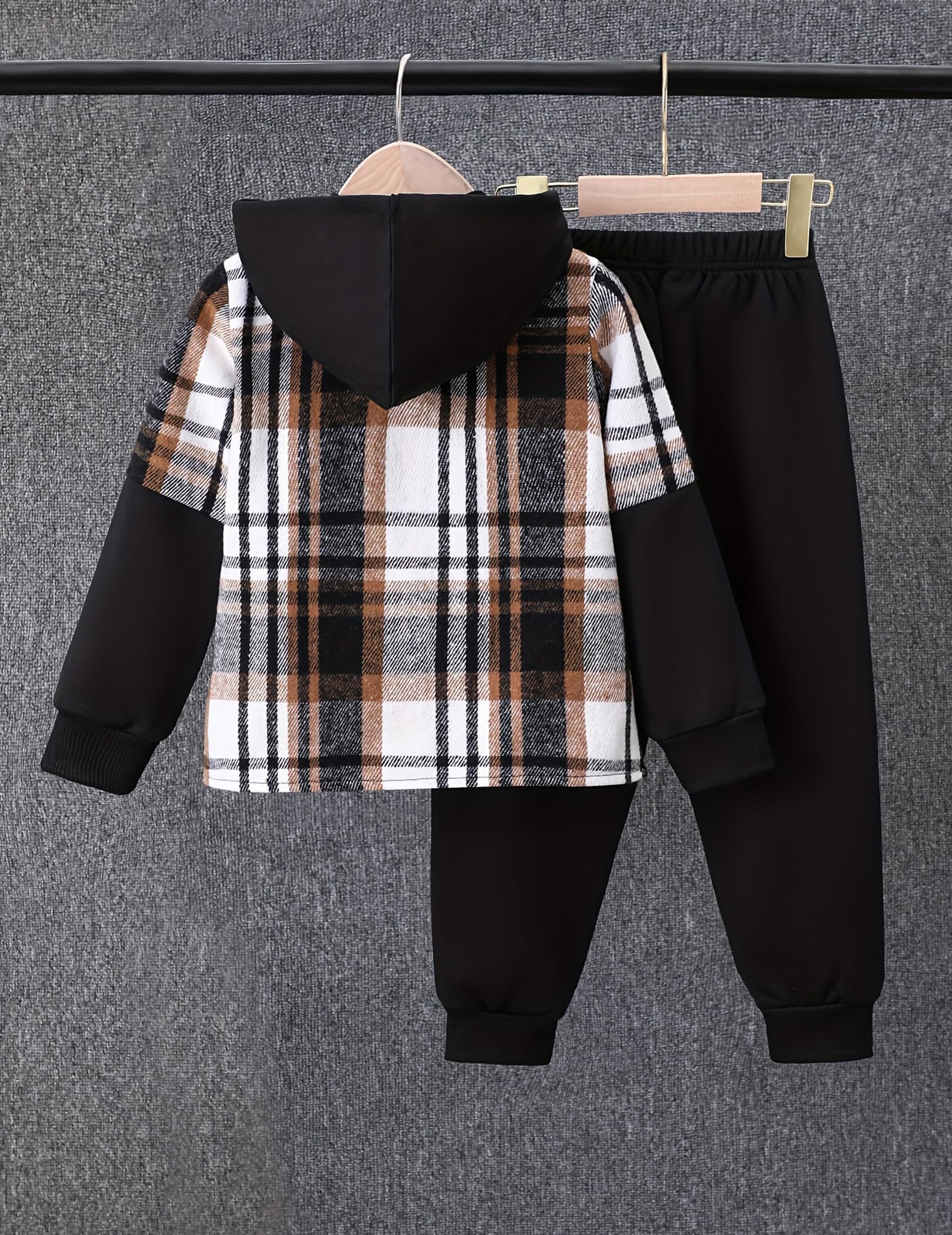 2Pcs Kids Boys Flannel Plaid Shirt Tops Pants Set Hoodie Sweatsuit for Fall Winter Spring Outfits 4-12 Years
