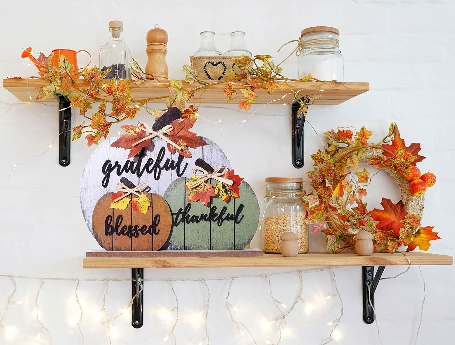 CYNOSA Fall Decorations for Home Blessed Grateful Thankful Fall Decor Wooden Pumpkin Tabletop Signs for Home Thanksgiving Farmhouse Living Room Harvest