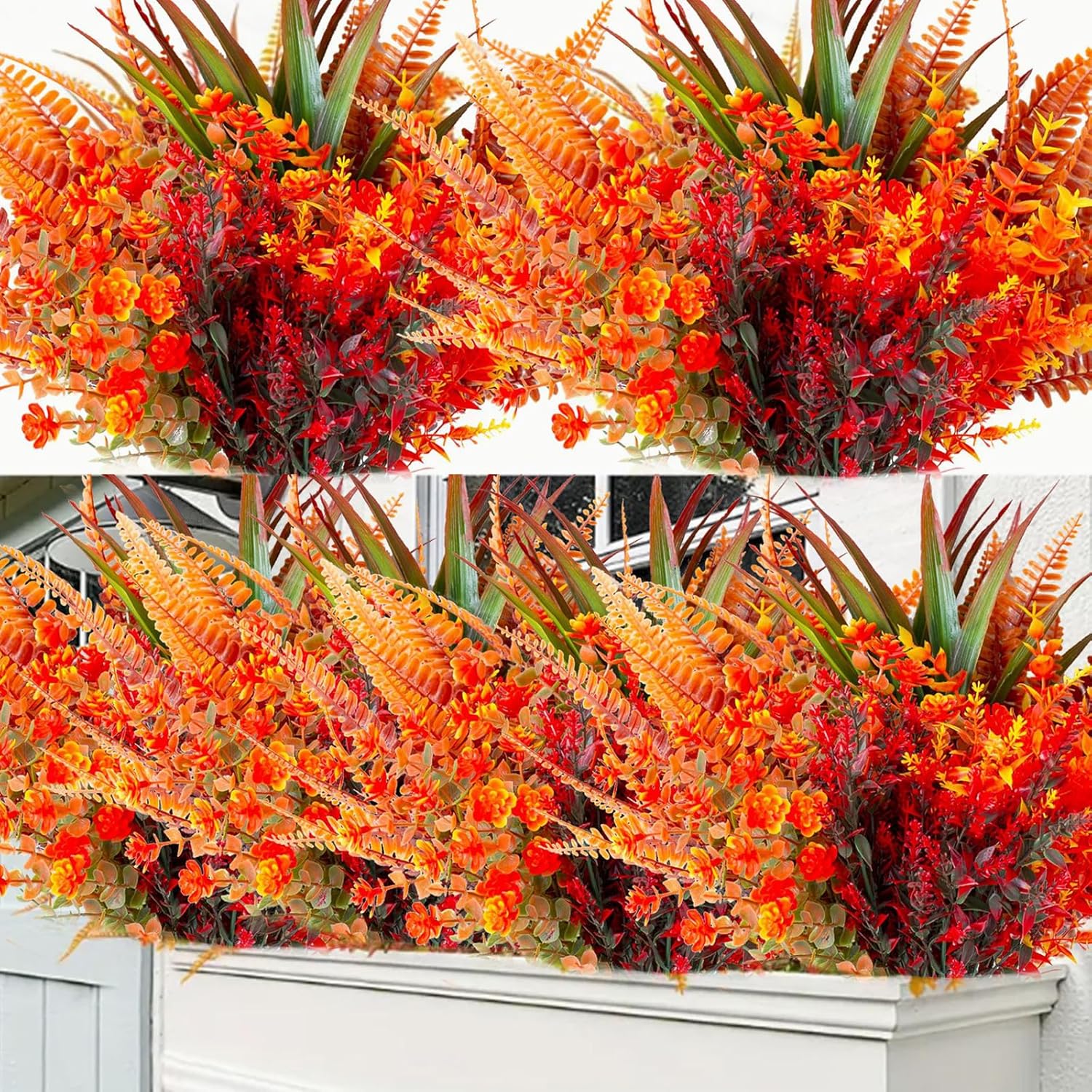 9 Bundles Artificial Fall Flowers,Fake Plants, Orange and Red Autumn Plants for Outdoor Decorations, Halloween Thanksgiving Christmas Wedding Party Indoor Home Garden Fireplace Décor
