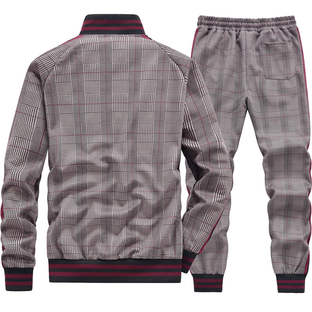 Men Tracksuits Full-zip Long Sleeve Plaid Track Jackets and Pants 2 Piece