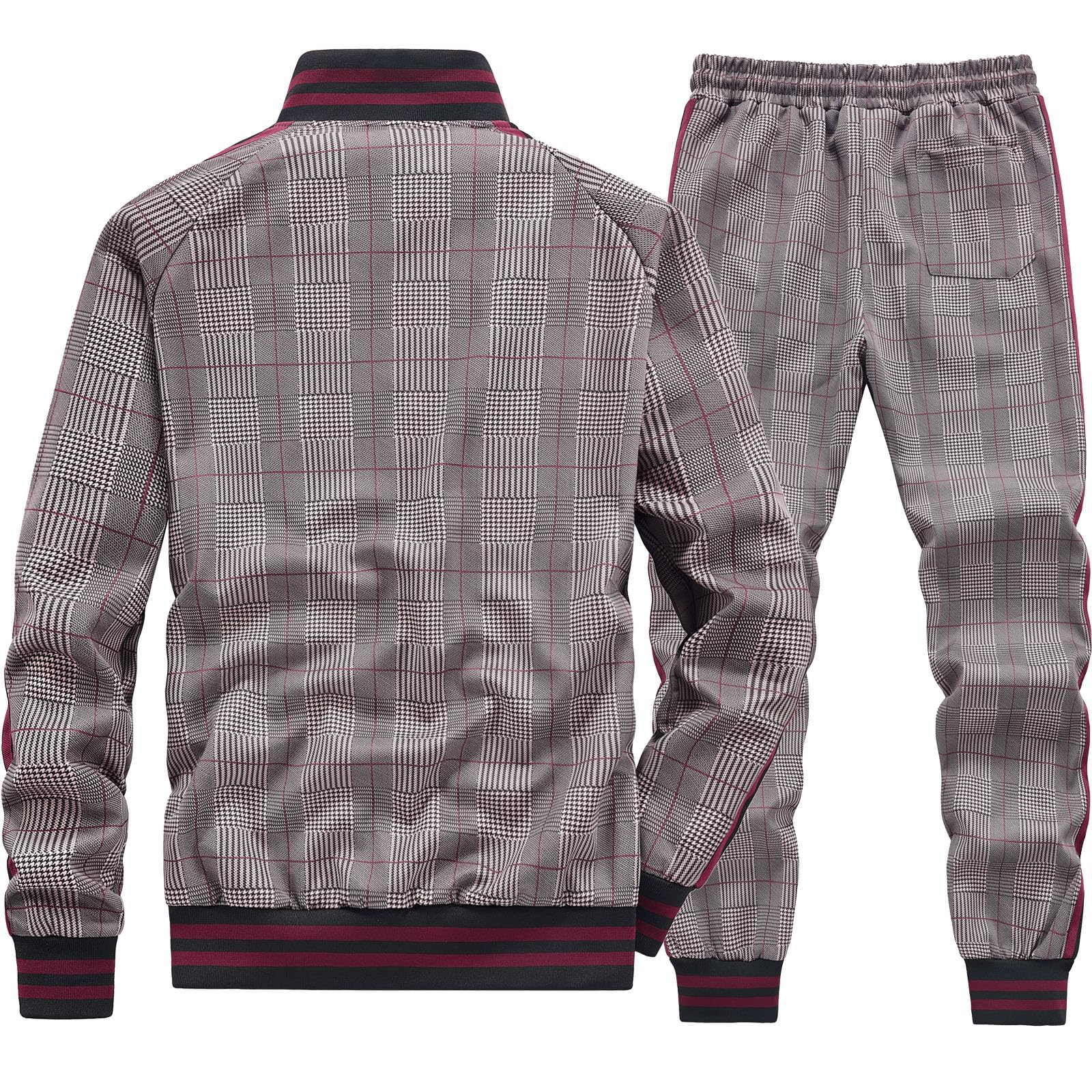 Men Tracksuits Full-zip Long Sleeve Plaid Track Jackets and Pants 2 Piece