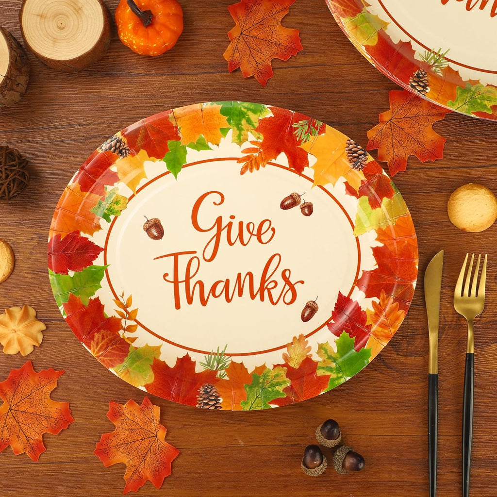 50 Pcs Thanksgiving Oval Plates 10" x 12" Large Give Thanks Party Paper Plates Disposable Fall Maple Leaves Dinner Serving Platters for Fall Autumn Harvest Thanksgiving Party Tableware Supplies