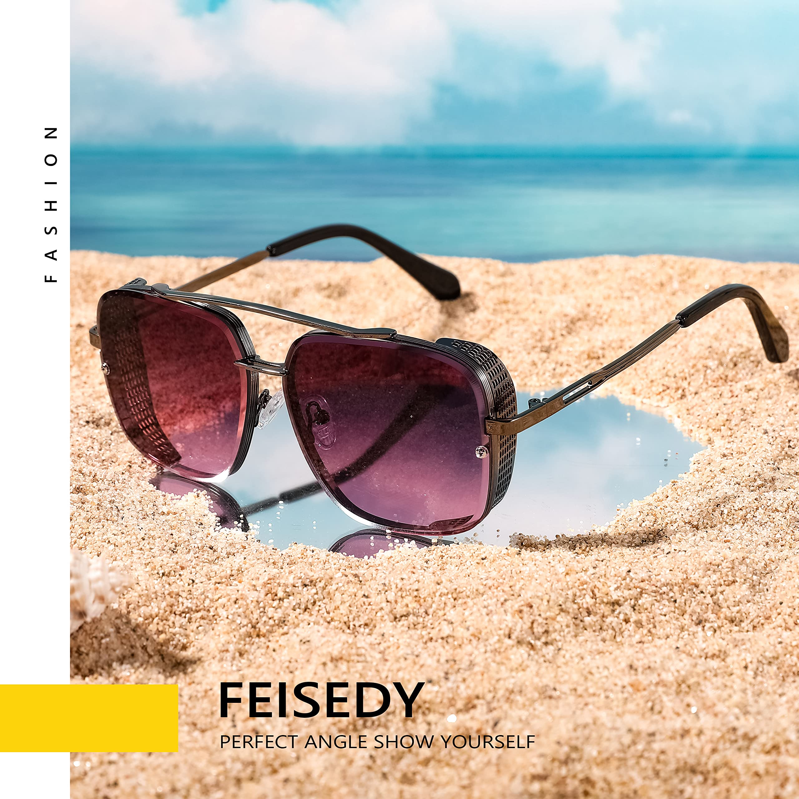 FEISEDY Sunglasses Mens Women Vintage Pilot Square Trendy Metal Steampunk Fishing Driving Sun Glasses B2894