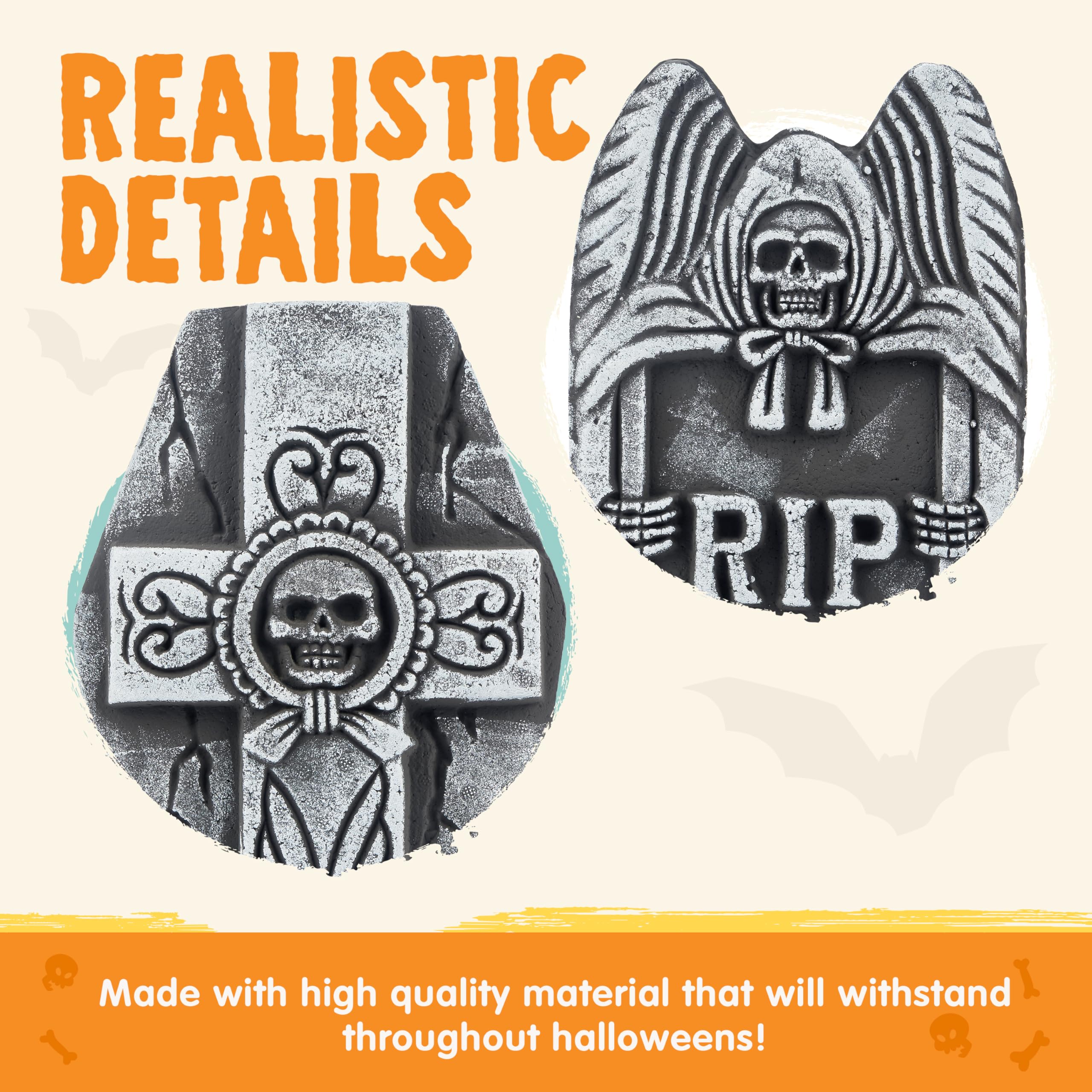 JOYIN 17” Halloween Foam RIP Graveyard Tombstones (5 Pack), Halloween Tombstones Outdoor Decorations for Graves Decorations with 12 Metal Stakes for Cemetery Yard Lawn Party Decor