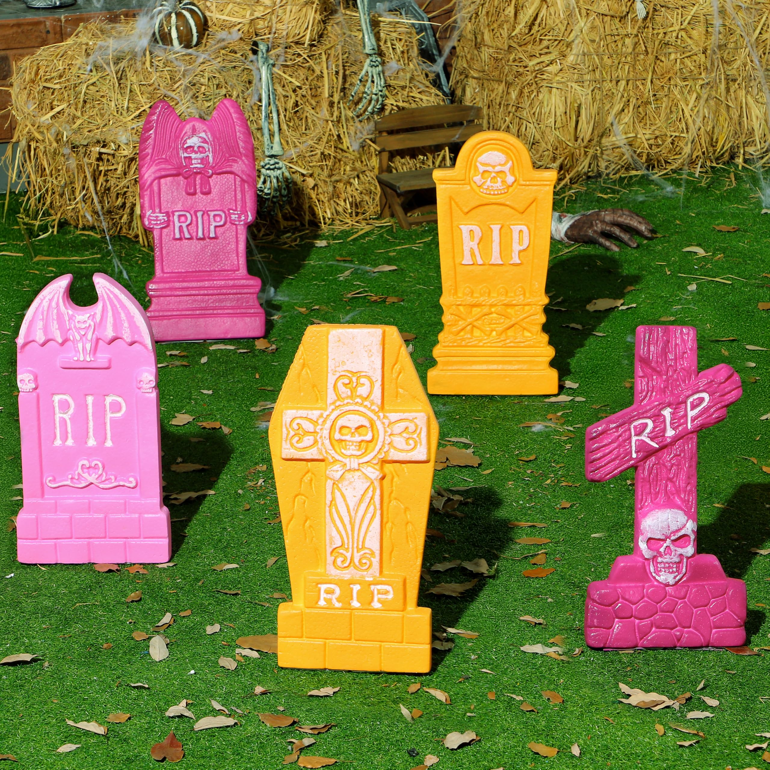JOYIN 17” Halloween Foam RIP Graveyard Tombstones (5 Pack), Halloween Tombstones Outdoor Decorations for Graves Decorations with 12 Metal Stakes for Cemetery Yard Lawn Party Decor