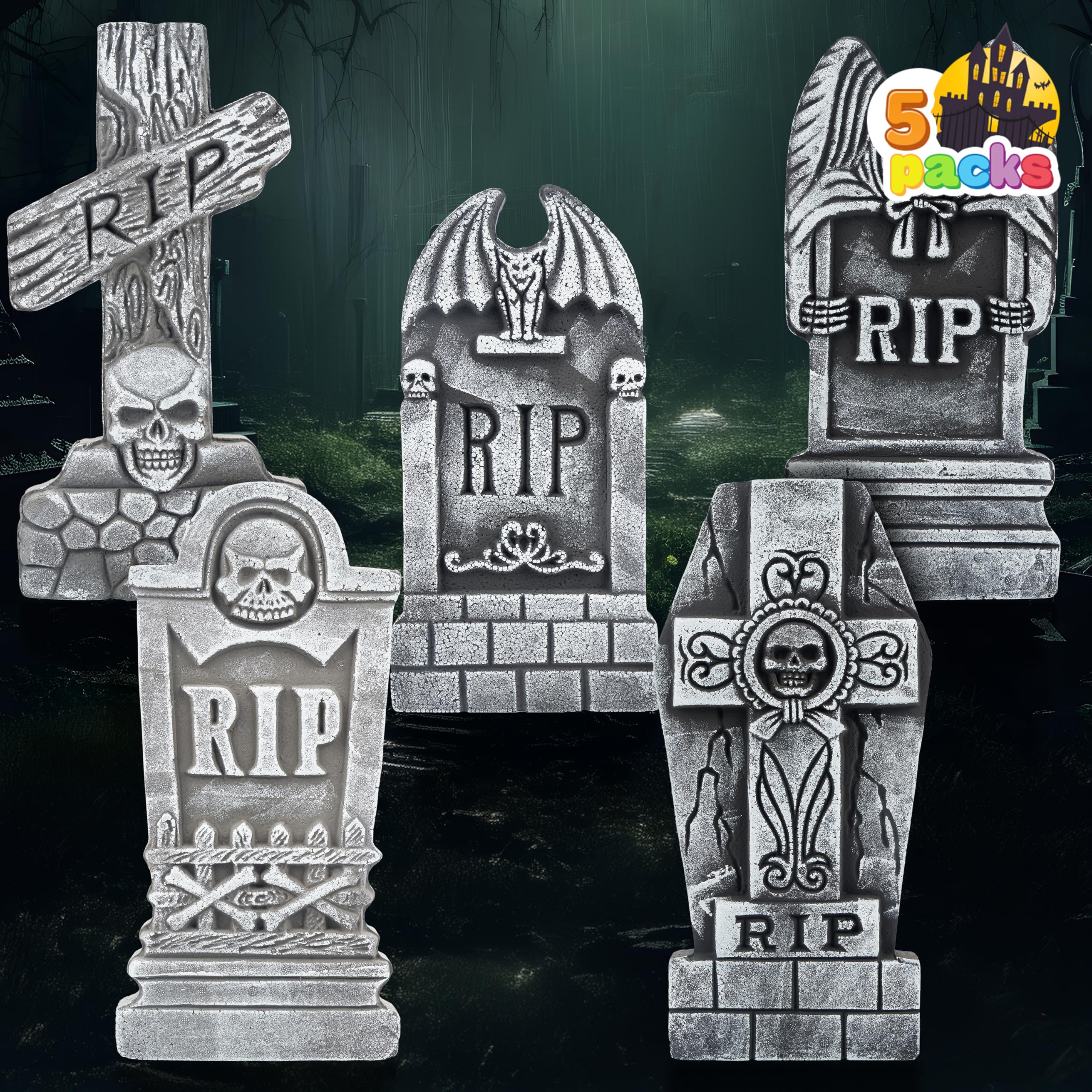 JOYIN 17” Halloween Foam RIP Graveyard Tombstones (5 Pack), Halloween Tombstones Outdoor Decorations for Graves Decorations with 12 Metal Stakes for Cemetery Yard Lawn Party Decor