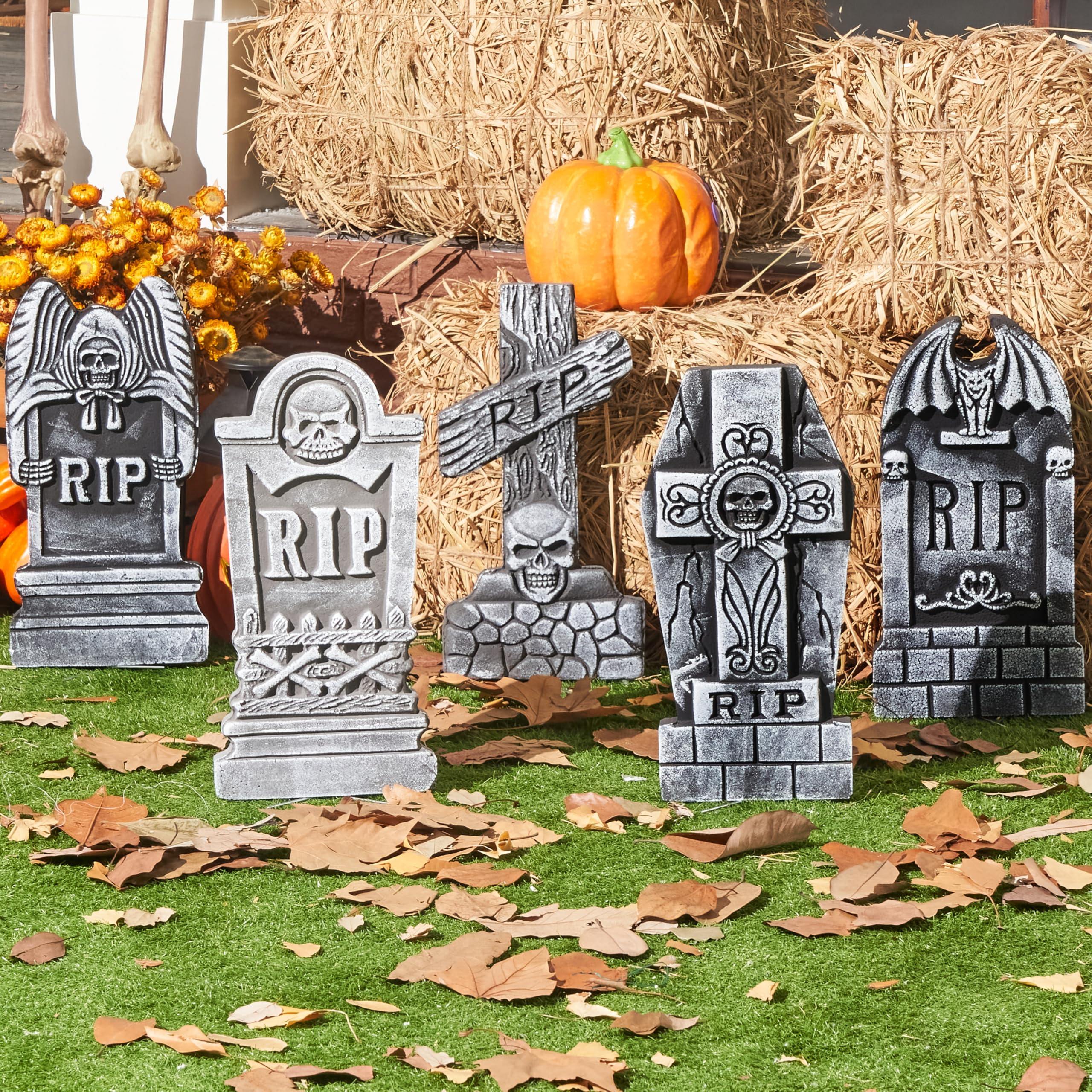 JOYIN 17” Halloween Foam RIP Graveyard Tombstones (5 Pack), Halloween Tombstones Outdoor Decorations for Graves Decorations with 12 Metal Stakes for Cemetery Yard Lawn Party Decor