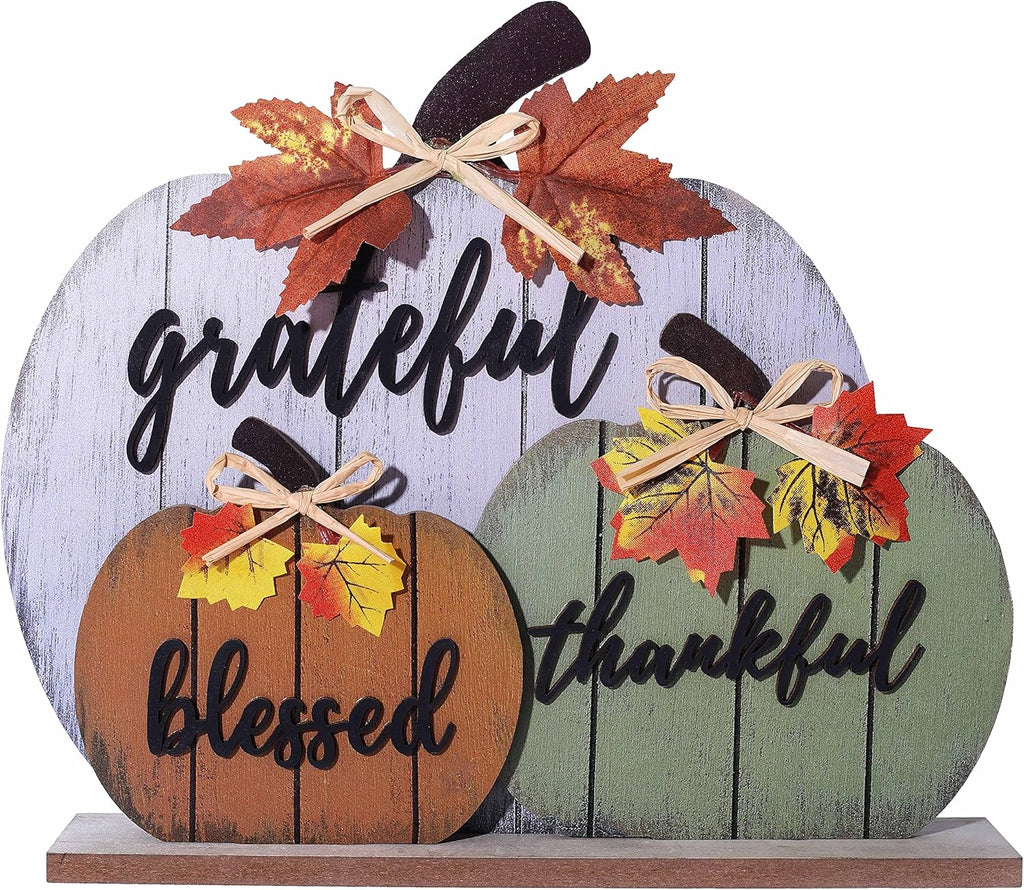 CYNOSA Fall Decorations for Home Blessed Grateful Thankful Fall Decor Wooden Pumpkin Tabletop Signs for Home Thanksgiving Farmhouse Living Room Harvest